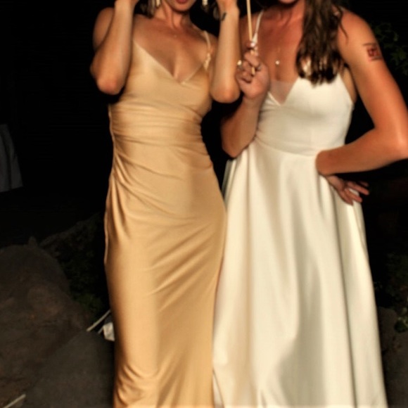 La Femme Cross Back Satin Jersey Trumpet Gown Bridesmaid dress, Nude 00 - Picture 2 of 5